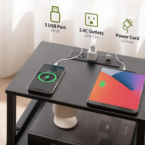 Vista 5 de Yoobure Mesita de noche de granja con estación de carga, extremo de noche de madera con puertos USB, mesa auxiliar de cama LED con armario de Negro