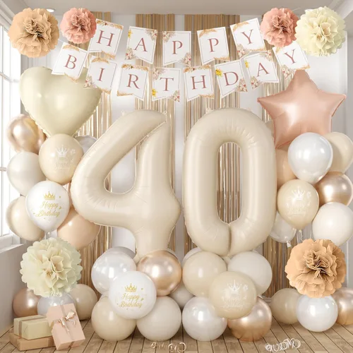 Vista 12 de Decoraciones de cumpleaños número 13 en crema para niñas, globos beige con número 13 en forma de corazón y estrella marrón, globos neutros