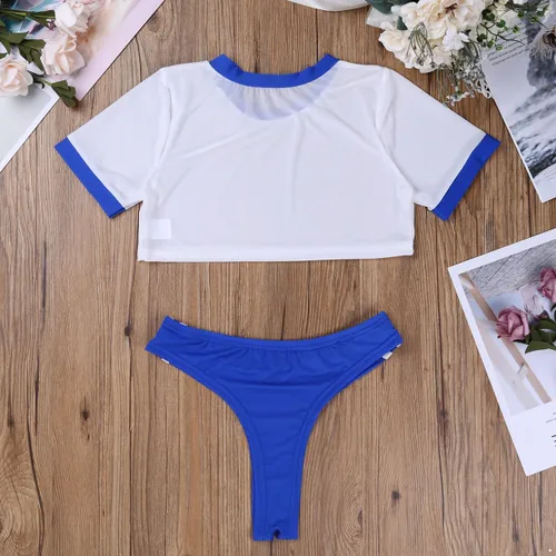Vista 6 de MSemis Disfraz de anime para mujeres y niñas, uniforme de colegiala japonesa, conjunto de lencería Azul