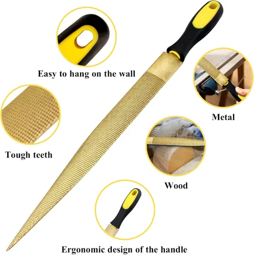 Vista 4 de Lima de madera, juego de limas de madera para trabajar madera, limas de madera para raspar de madera, herramientas doradas cónicas de madera