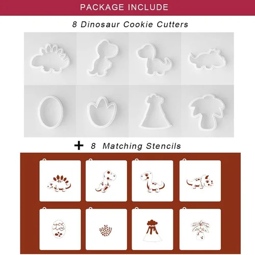 Vista 3 de Cortadores de galletas de dinosaurio con plantillas de galletas a juego, juego de 16-8 cortadores de galletas y 8 plantillas, incluye estegosaurio