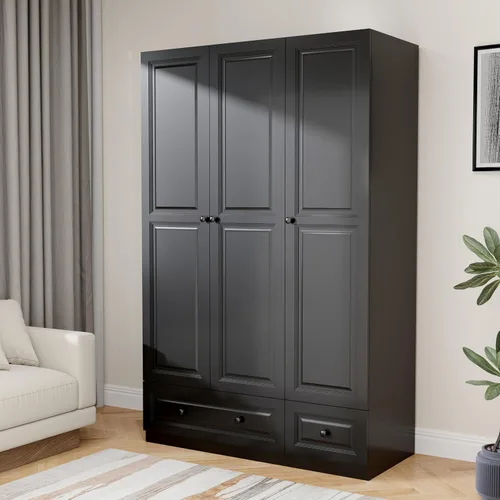 Vista 7 de Armario Armario con cajones: armario de dormitorio de 74 pulgadas para ropa colgante, armarios negros con puertas, armario moderno con estantes