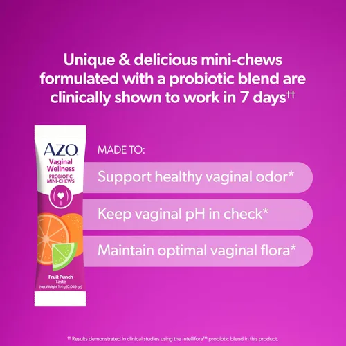 Vista 2 de AZO Mini-masticables probióticos vaginales para mujeres, sabor a ponche