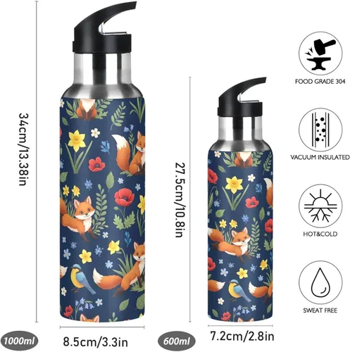 Vista 2 de Insulated Water Bottle 32 Oz, Leakproof Water Bottles for Gym Outdoor Travel School, Cute Foxes Colorful Flowers