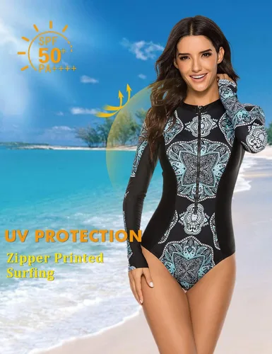 Vista 3 de SELINK Traje de baño de una pieza de manga larga para mujer, protección UV, con cremallera, estampado de surf