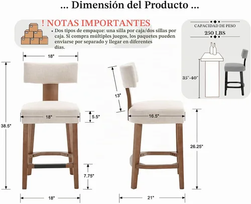 Vista 2 de Juego de 2 taburetes de bar de granja de 26 pulgadas, taburetes de bar tapizados de lino con respaldo, taburetes de bar modernos de madera con marco