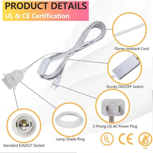 Vista 4 de Cable de Luz Colgante – Bombilla Colgante de 10 Pies con Cable de Enchufe – Paquete de 2 Cables de Lámpara Casquillo de Luz E26 con Cable