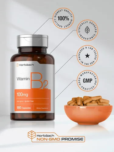 Vista 6 de Horbäach Vitamina B2 100 mg 180 cápsulas Suplemento de riboflavina Sin OMG y sin gluten