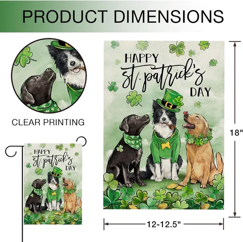 Vista 2 de Hzppyz Bandera de jardín con diseño de perros del Día de San Patricio, de doble cara, trébol de trébol dorado para cachorros, decoración pequeña