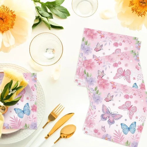 Vista 5 de Paquete de 40 servilletas de papel para fiesta de mariposa, 13 x 13 pulgadas, desechables, diseño floral de mariposa, suministros de fiesta