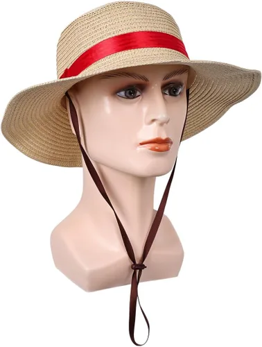 Vista 5 de Sombrero de paja con cuerda para disfraz de cinta roja, sombreros de sol para Halloween, accesorios de cosplay