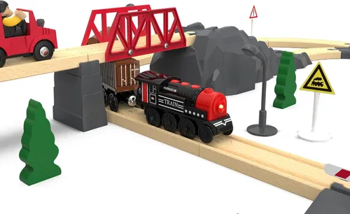 Vista 8 de Tren motorizado para pista de madera, juego de 3 piezas de tren de juguete para niños y niñas de 3, 4, 5+ años, tren con batería compatible