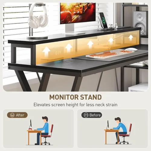 Vista 7 de RALGEND Escritorio para juegos en forma de L con estantería, escritorio reversible para computadora de 52 pulgadas con luz LED y toma de corriente