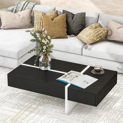 Vista 3 de Polibi Mesa auxiliar rectangular de 45 pulgadas de largo con cajón grande, mesa de cóctel moderna de superficie de alto brillo, mesa central
