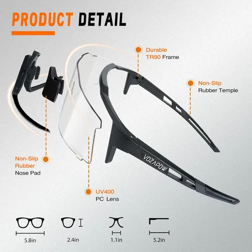 Vista 5 de Photochromic Sports Sunglasses XL for Men Women, TR90 Frame Cycling Glasses for Baseball, Running, Hiking