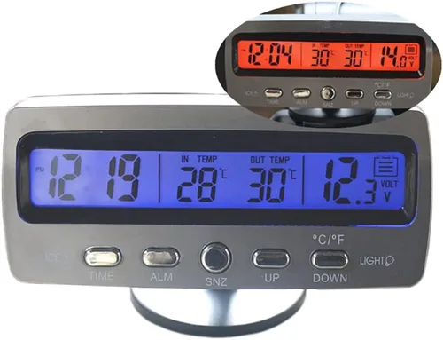 Vista 2 de Riloer Termómetro digital inteligente multifuncional para automóvil, termómetro exterior Fahrenheit Celsius pantalla LCD dual con retroiluminación