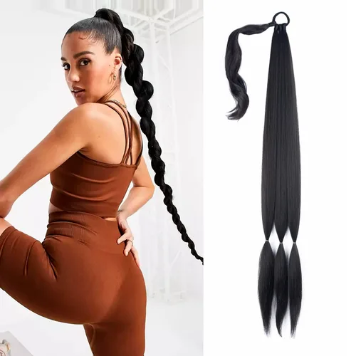 Vista 8 de Paquete de 2 extensiones de cola de caballo trenzada con lazo elástico, lacio, elegante envolvente, extensiones de cola de caballo de 26 pulgadas