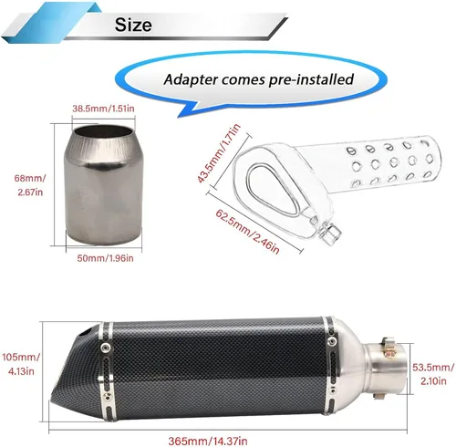 Vista 2 de Silenciador sin cordones para motocicleta, silenciadores y silenciadores de fibra de carbono de 1.5-2 pulgadas para motocross, Street Bike Scooter