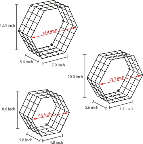 Vista 7 de Estante flotante de metal para montar en la pared con diseño hexagonal, pack de 3 unidades, negro.