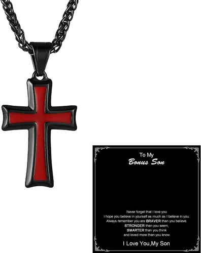 Vista 13 de HZMAN Collar con colgante de cruz de acero inoxidable para hombres con cadena de trigo Negro & rojo