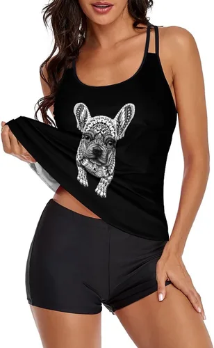 Vista 2 de Frenchie French Bulldog Women Two Piece Tankini Swimwear Swimsuits Bathing Suits Set with Strappy Top and Shorts