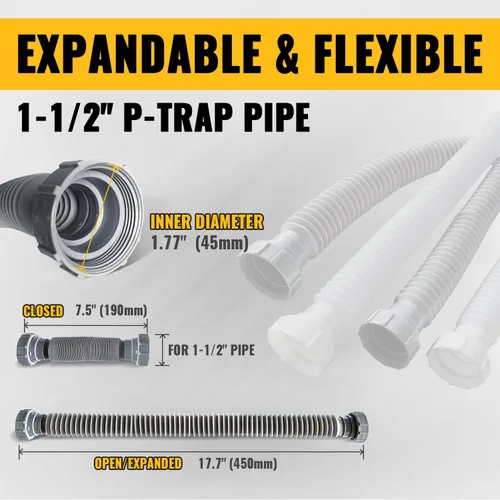 Vista 9 de VIVIDA Tubo de drenaje para fregadero de 1-1/2 pulgadas, tubo de drenaje flexible, trampa P flexible expandible de 7.5 a 17.7 pulgadas para baño