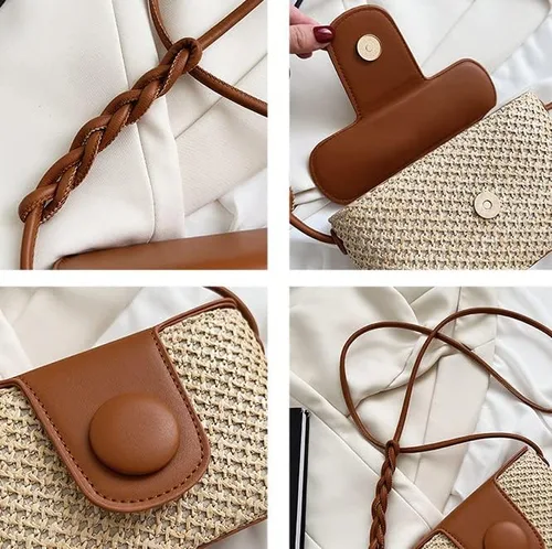 Vista 5 de Bolso Hobo de paja para mujer, bolso cruzado tejido para el hombro, bolso de mano, bolso pequeño para la playa