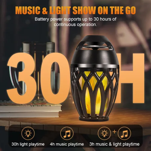 Vista 5 de Altavoces Bluetooth para exteriores, inalámbricos con llama LED, negro Diseño impermeable IPX5, Bluetooth 5.0, lámpara de llama LED, para fiesta