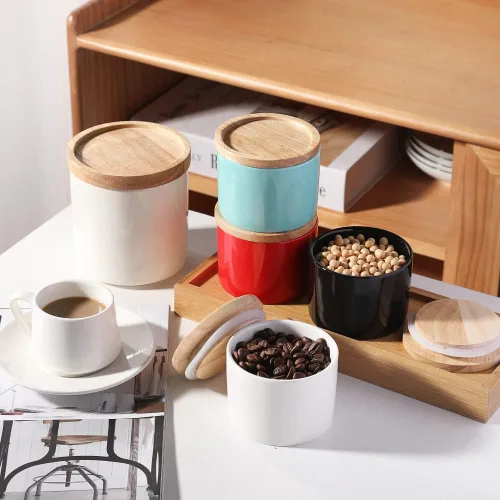 Vista 3 de Sweejar Kitchen Canisters - Tarro de cerámica para almacenamiento de alimentos, recipientes apilables con tapa de madera y sello hermético