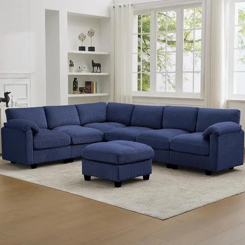 Vista 14 de Sofá modular de 61 pulgadas con otomana, asiento extra profundo para sala de estar, sofá de asiento profundo de pana con almohadas para Beige