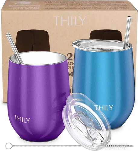 Vista 8 de THILY Paquete de 4 vasos de vino de acero inoxidable con aislamiento al vacío con tapas deslizantes y pajitas, 12 onzas, mantiene el frío para jugo