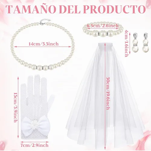 Vista 3 de Bencailor Juego de 5 accesorios para disfraz de primera comunión, guantes de encaje con peine para el cabello, collar de perlas, pulsera y aretes