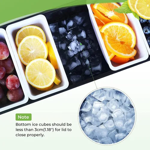 Vista 3 de Bandeja con tapa para frutas, verduras y condimentos con estación de guarnición para bartending y servicio de tacos (2, 3 compartimentos)
