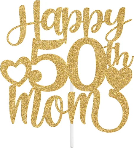 Vista 7 de Decoración para tartas con texto en inglés "Happy 50th Mom", feliz 50 cumpleaños para madre, saludos a 50 años, cumpleaños, aniversario, suministros