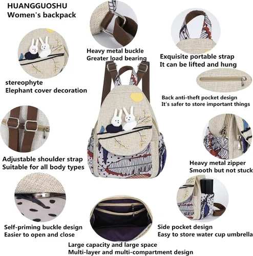 Vista 180 de HUANGGUOSHU Mochila de algodón tejida de algodón bohemio con bordado de lona estilo bohemio con múltiples bolsillos retro linda mochila cartera