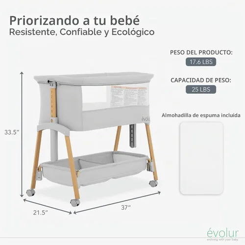 Vista 4 de évolur Lullaby - Moisés portátil con ruedas, cama de noche ajustable, laterales de malla transpirable, cesta de almacenamiento grande, fácil