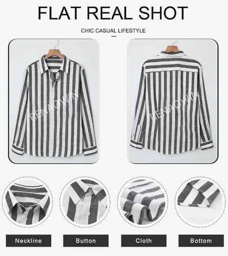 Vista 4 de Renaowin Camisas de manga larga con botones, estilo casual, a rayas, de algodón