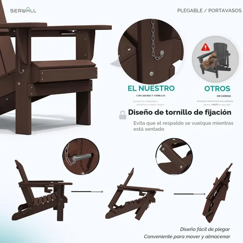 Vista 4 de SERWALL Silla Adirondack con portavasos, sillas Adirondack compuestas de polietileno de alta densidad para exteriores, para todo tipo de clima Café