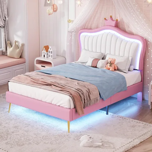 Vista 10 de Cama de plataforma, base de cama tapizada de cuero con cabecera de adorno de conejo, ideal para el dormitorio o apartamento de un niño