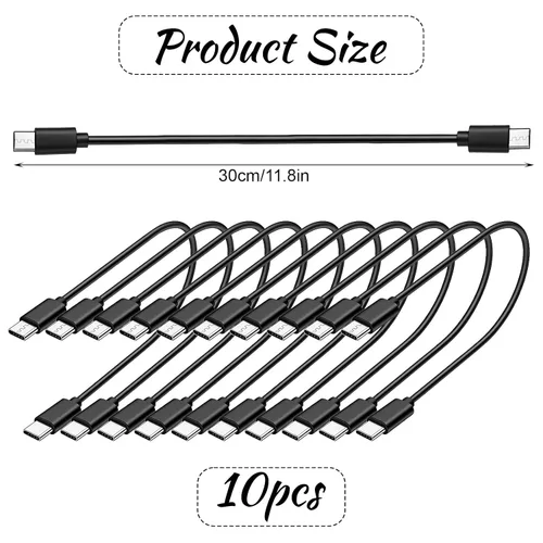 Vista 2 de Paquete de 10 cables USB C a USB C de 1 pie, cable USBC corto, negro
