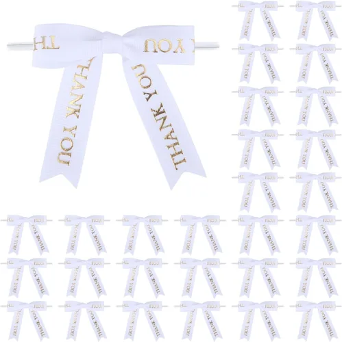 Vista 5 de Meseey 30 lazos de cinta impresos en oro de 2.5 pulgadas, lazos pequeños para envolver regalos, baby shower, boda, recuerdos de fiesta, paletas