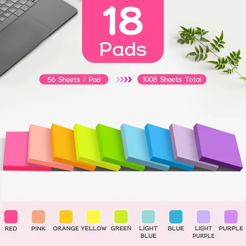 Vista 2 de (18 Blocs) Notas Adhesivas de 3x3 pulgadas, Blocs Autoadhesivos de Colores Brillantes, Reciclables, Fáciles de Pegar para Casa, Oficina, Cuaderno
