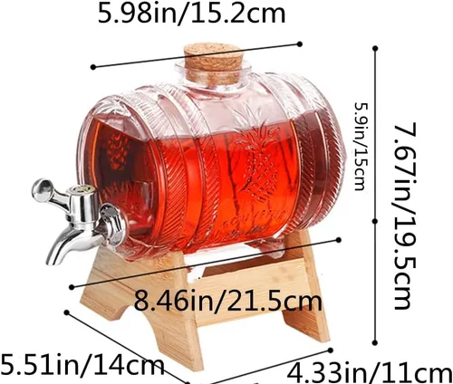 Vista 2 de Dispensador de bebidas de barril de vidrio de 1 litro con espita y soporte Dispensador de bebidas frías Dispensador de barril de vino (plata)