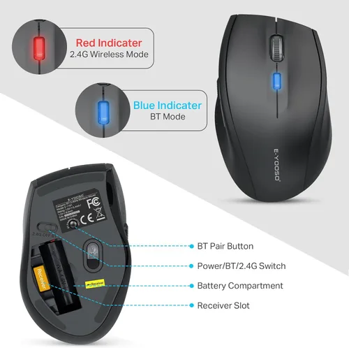 Vista 7 de E-YOOSO - Ratón inalámbrico Bluetooth para portátil, ratón óptico portátil para computadora, 6 botones, inalámbrico 2.4GHz con receptor USB, 4800