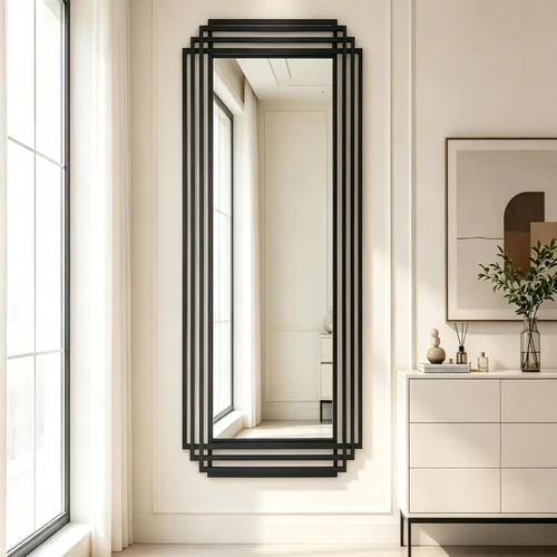 Vista 20 de Espejo de pared rectangular decorativo de 24 x 18 pulgadas con marco de metal negro Geometric Design, HD Mirror, Horizontal/Vertical Hanging, Art