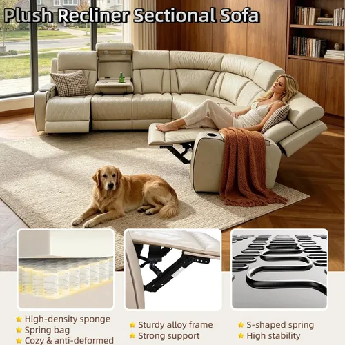 Vista 6 de Juego de sofá seccional reclinable de cuero, sofá seccional con 4 sillones reclinables Juegos de muebles de sala con 3 reclinables, luz LED