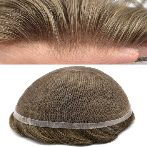 Vista 11 de Sistema de cabello para hombre, encaje francés suave, pieza de cabello humano real, nudos blanqueados, cabello frontal, tupé para hombres