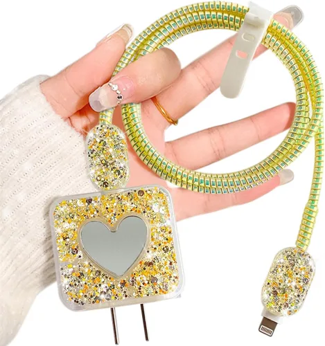 Vista 8 de Bling - Protector de cable para Apple iPhone con espejo, bonito diseño de corazón de amor, funda USB para línea de datos, protector de cargador