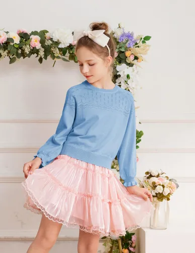 Vista 8 de GRACE KARIN Suéter de manga larga con cuello redondo para niñas, talla 5-12