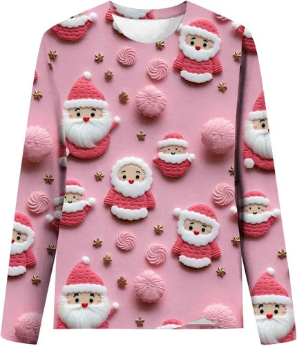 Vista 3 de Sudadera con estampado de Navidad 3D para mujer, talla grande, manga larga, cuello redondo, camisetas lindas y geniales